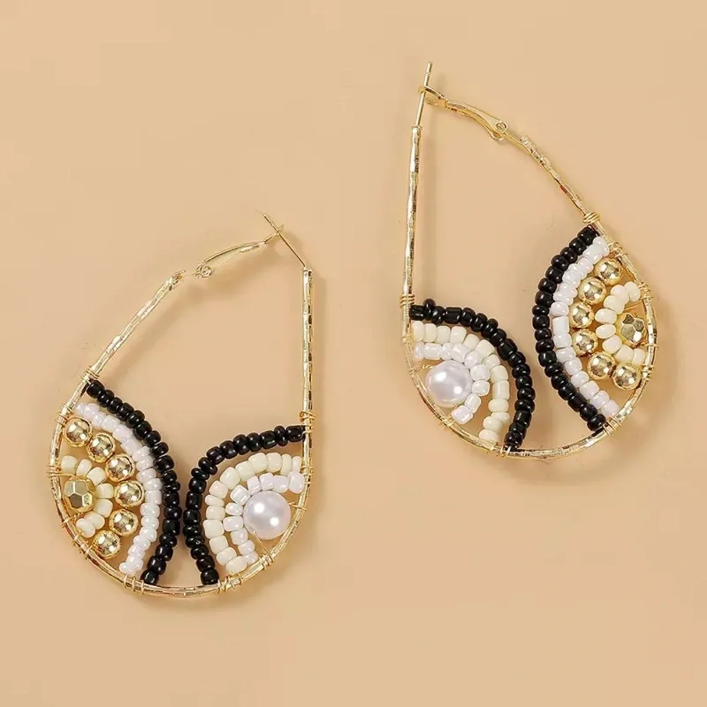 Anthropologie Gold Plated White Black Beaded Wire Wrap Teardrop Hoop Ear… - Picture 7 of 7